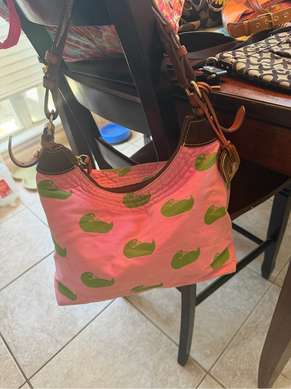 Dooney & Bourke Pink Canvas Shoulder Bag with Green Duck Motif